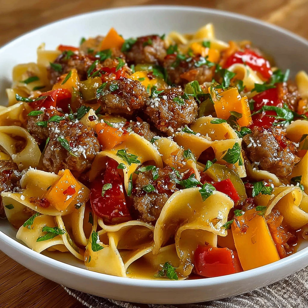 A bowl of Italian Drunken Noodles filled with meat, tomatoes, and herbs.