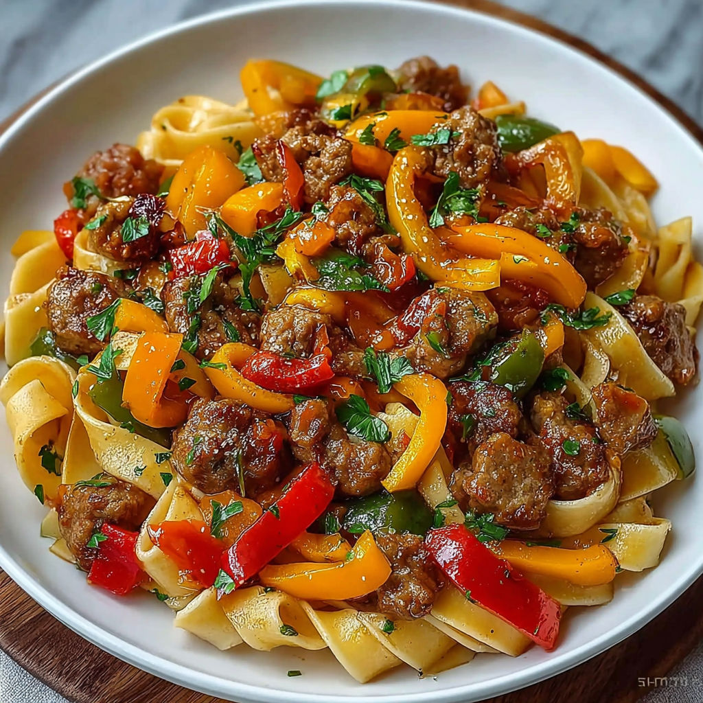 A plate of Italian Drunken Noodles with various vegetables and meat.