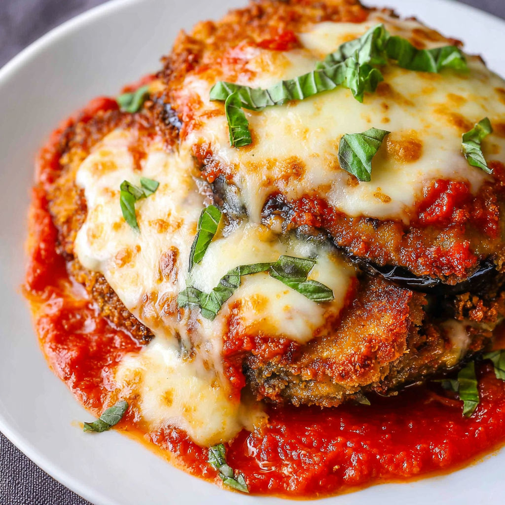 A delicious Chicken Eggplant Parmesan dish is served on a white plate.