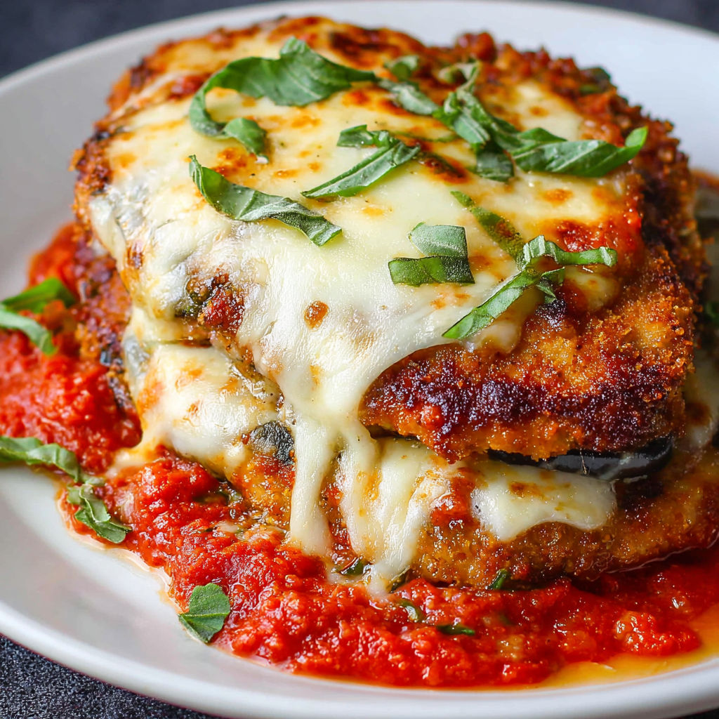 A delicious chicken parmesan dish is served on a white plate.