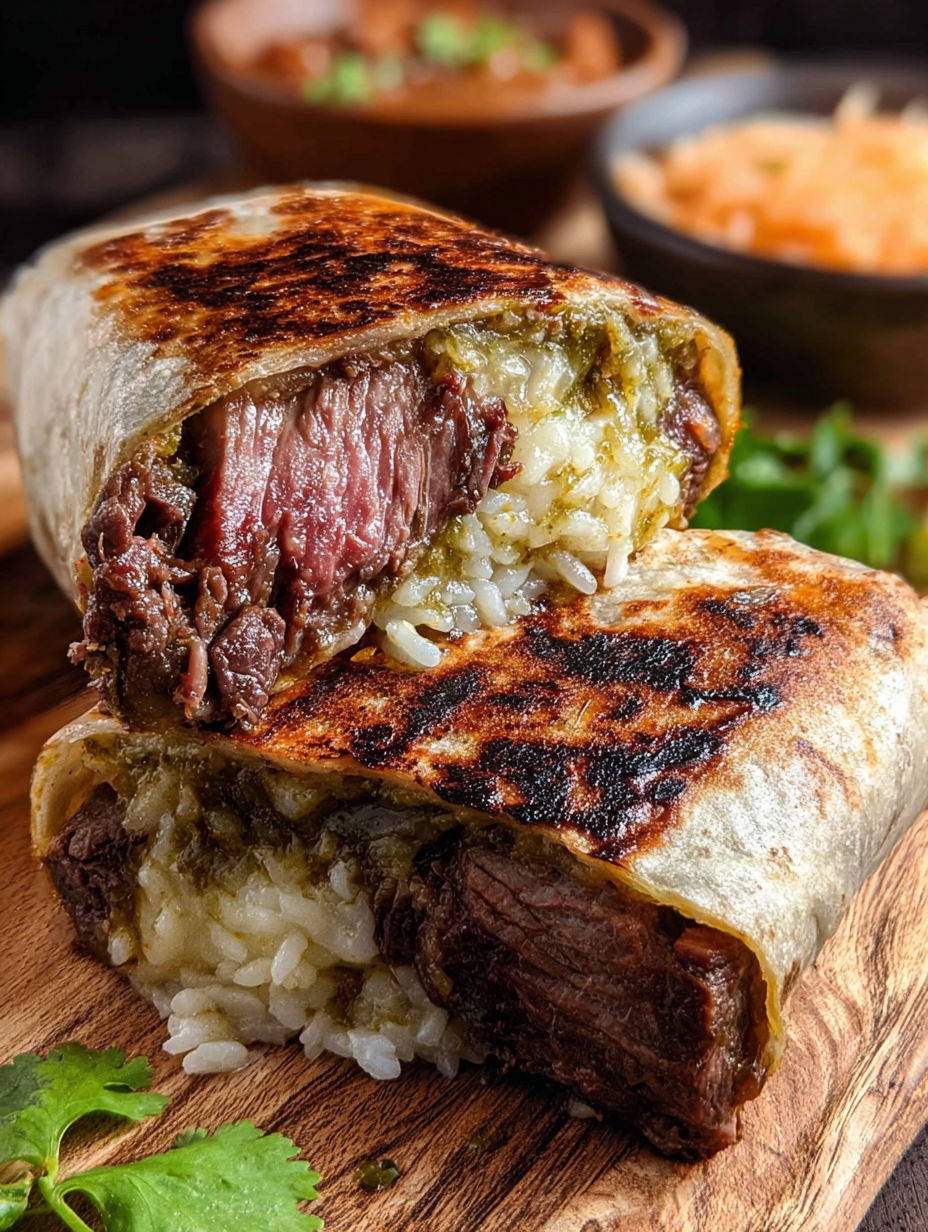 A delicious smoked beef rib burrito is served on a wooden table.