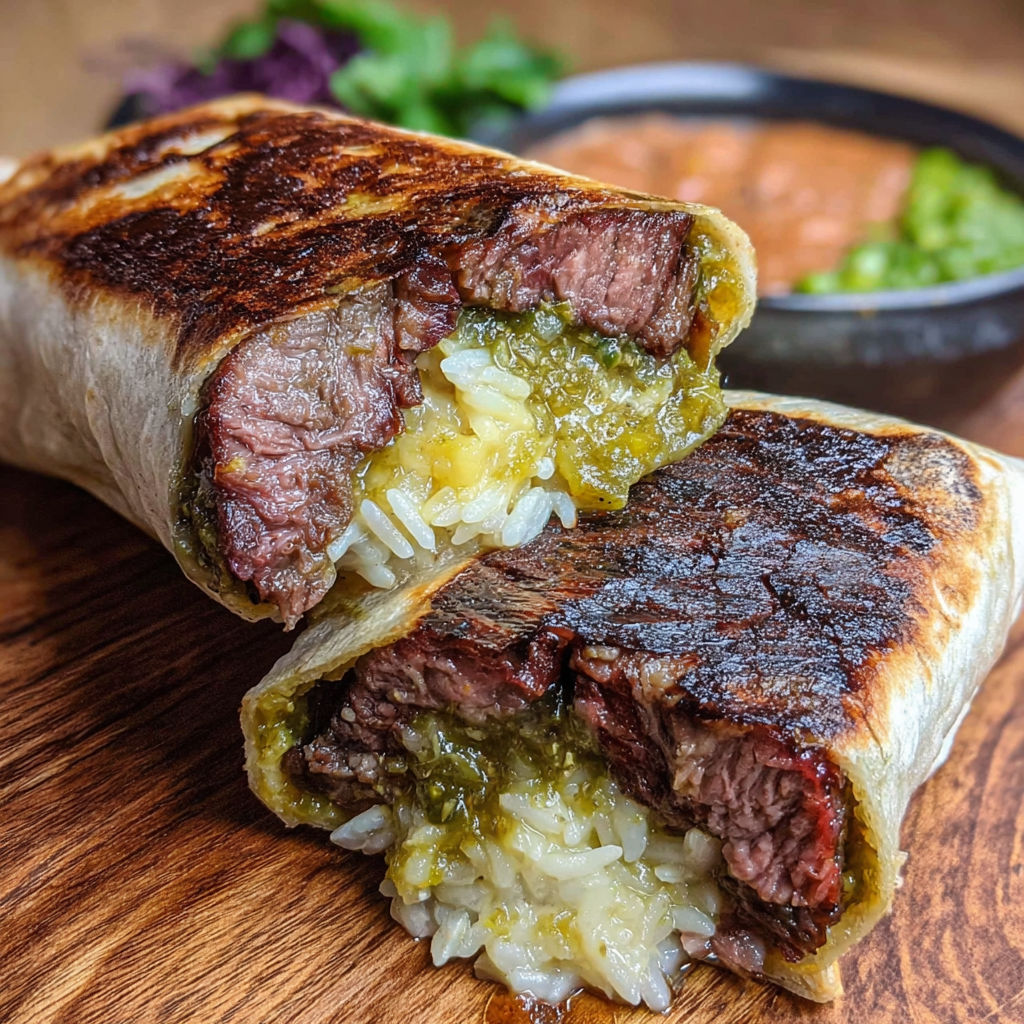 A delicious smoked beef rib burrito is served on a wooden table.
