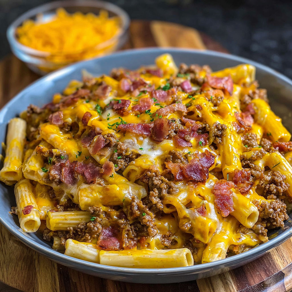 A delicious Bacon Cheeseburger Pasta Bake is served on a plate.