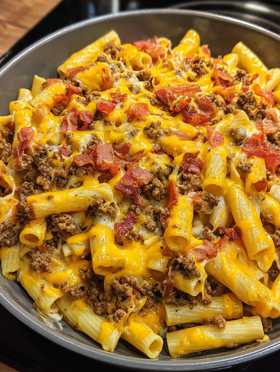 A delicious macaroni and cheese dish with bacon and ham, topped with a generous amount of cheese.