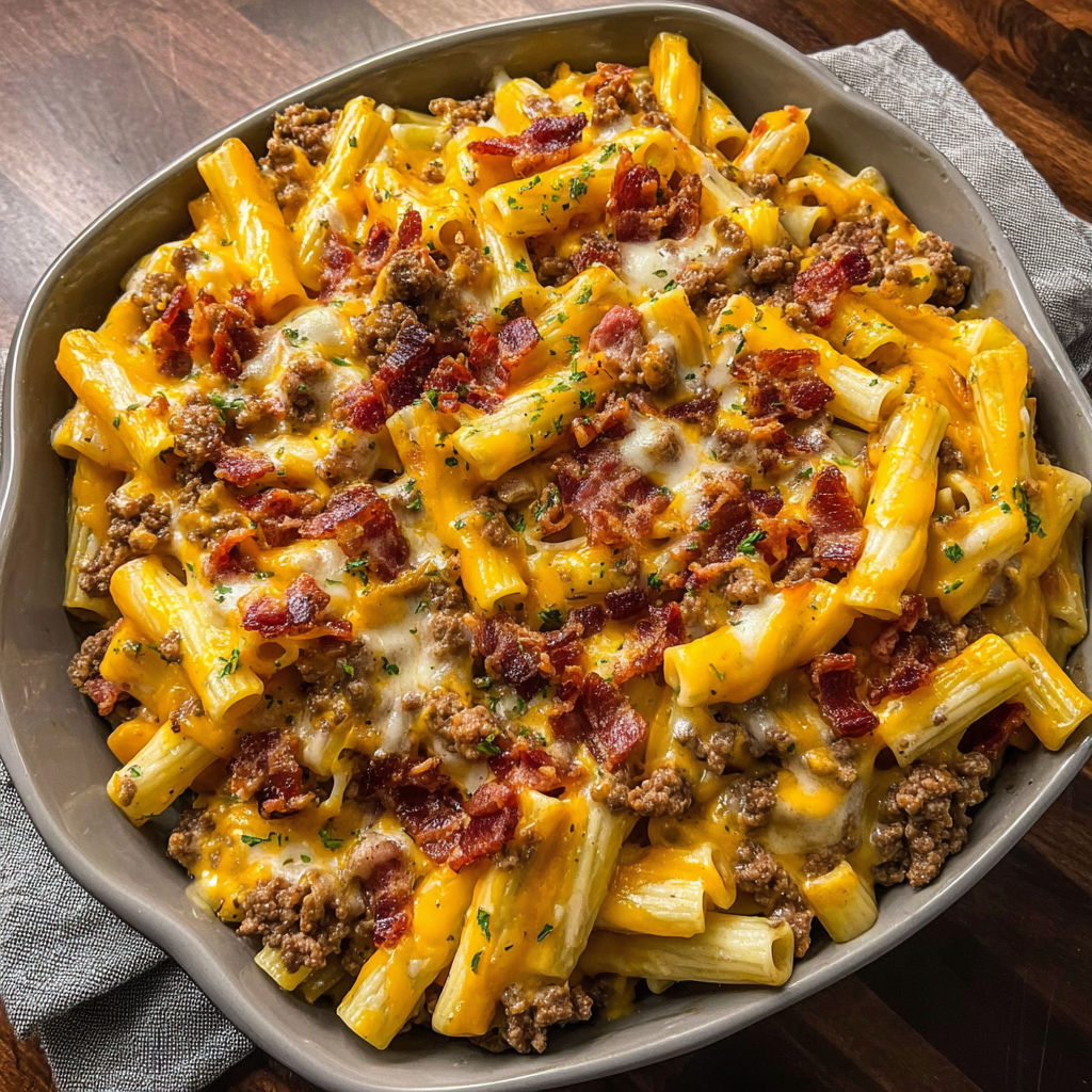 A delicious pasta dish with bacon, cheese, and tomato sauce.
