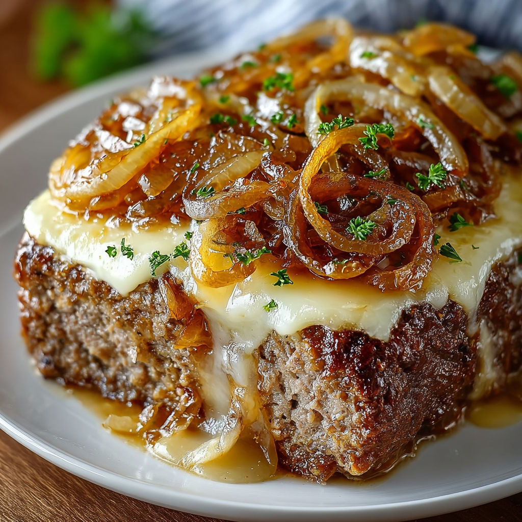A delicious meat dish with onions and cheese, served on a white plate.