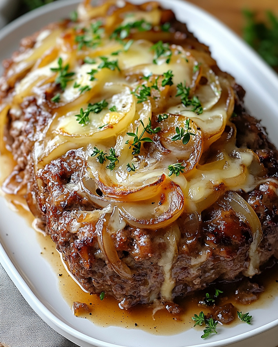 A delicious beef dish with onions and cheese, served on a white plate.