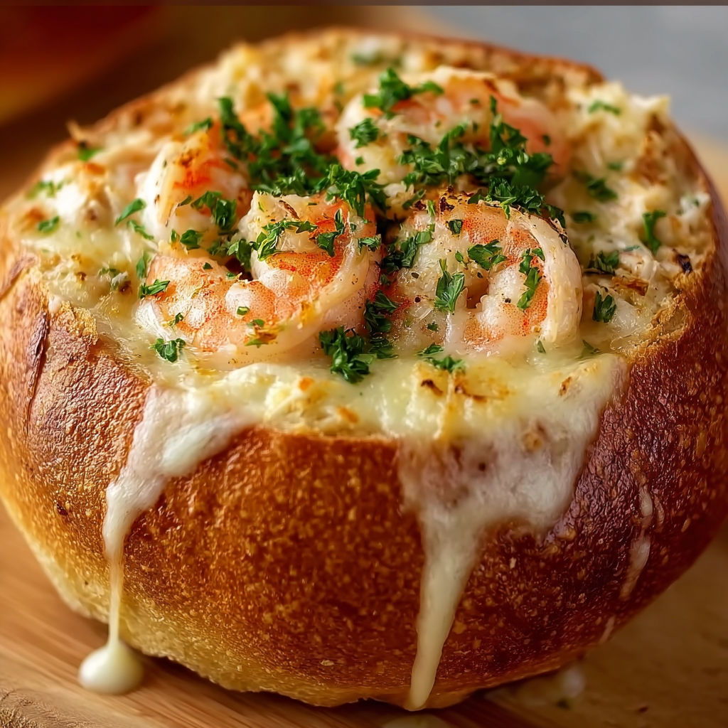 A delicious seafood dish, possibly a crab cake, is served in a baked bread bowl.