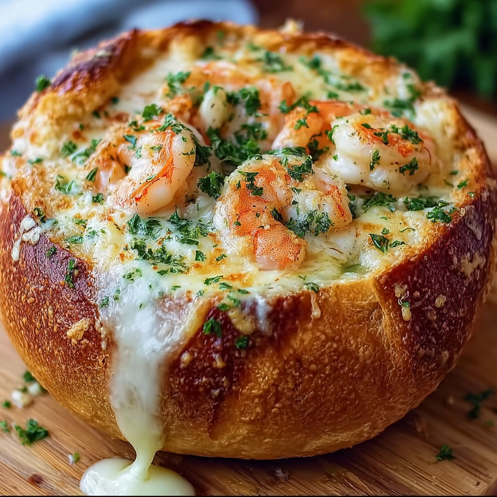 A delicious seafood dish is served in a bread bowl, topped with shrimp and cheese.