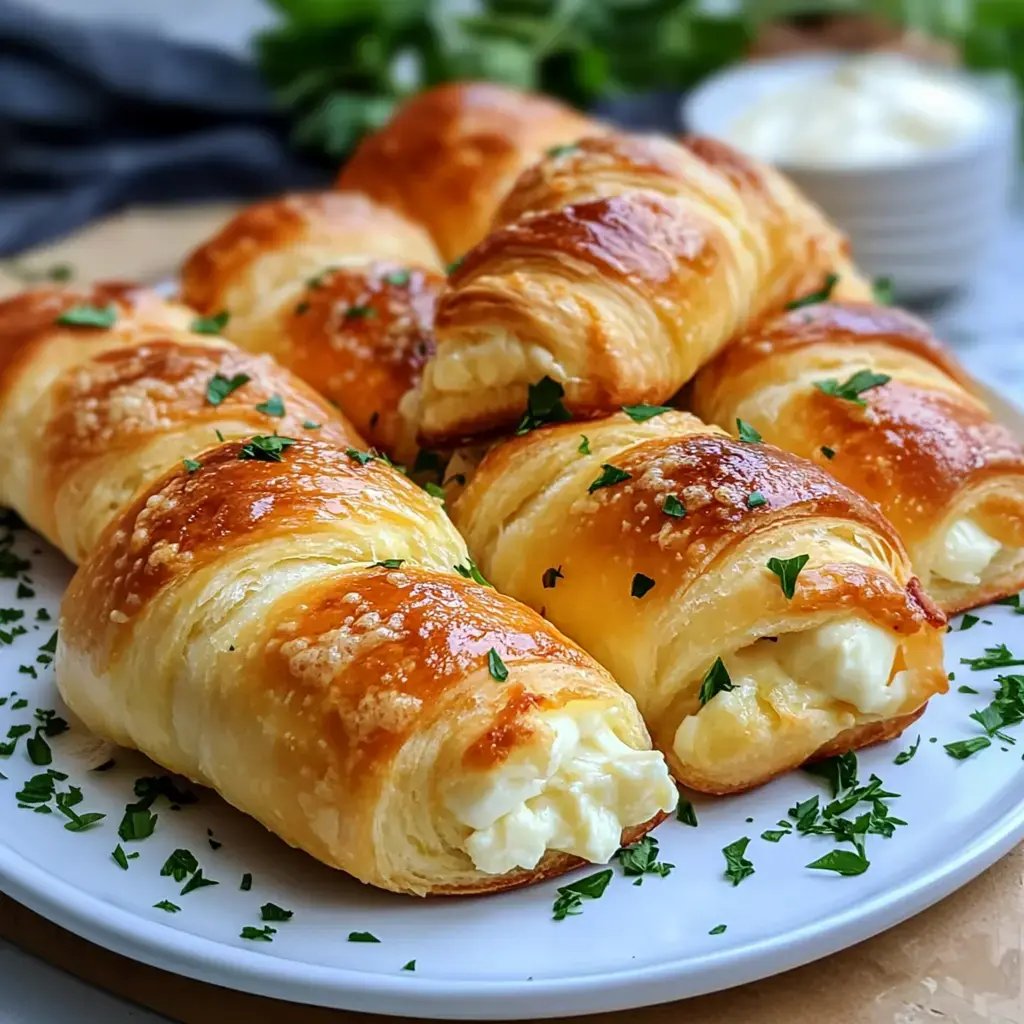 A plate of cheesy garlic crescent rolls is displayed on a table.