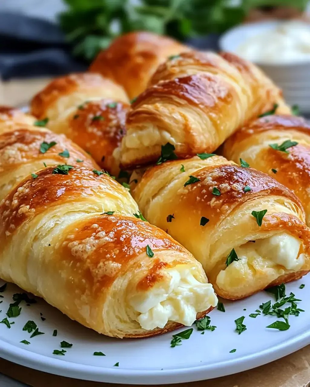A plate of cheesy garlic crescent rolls is displayed on a table.