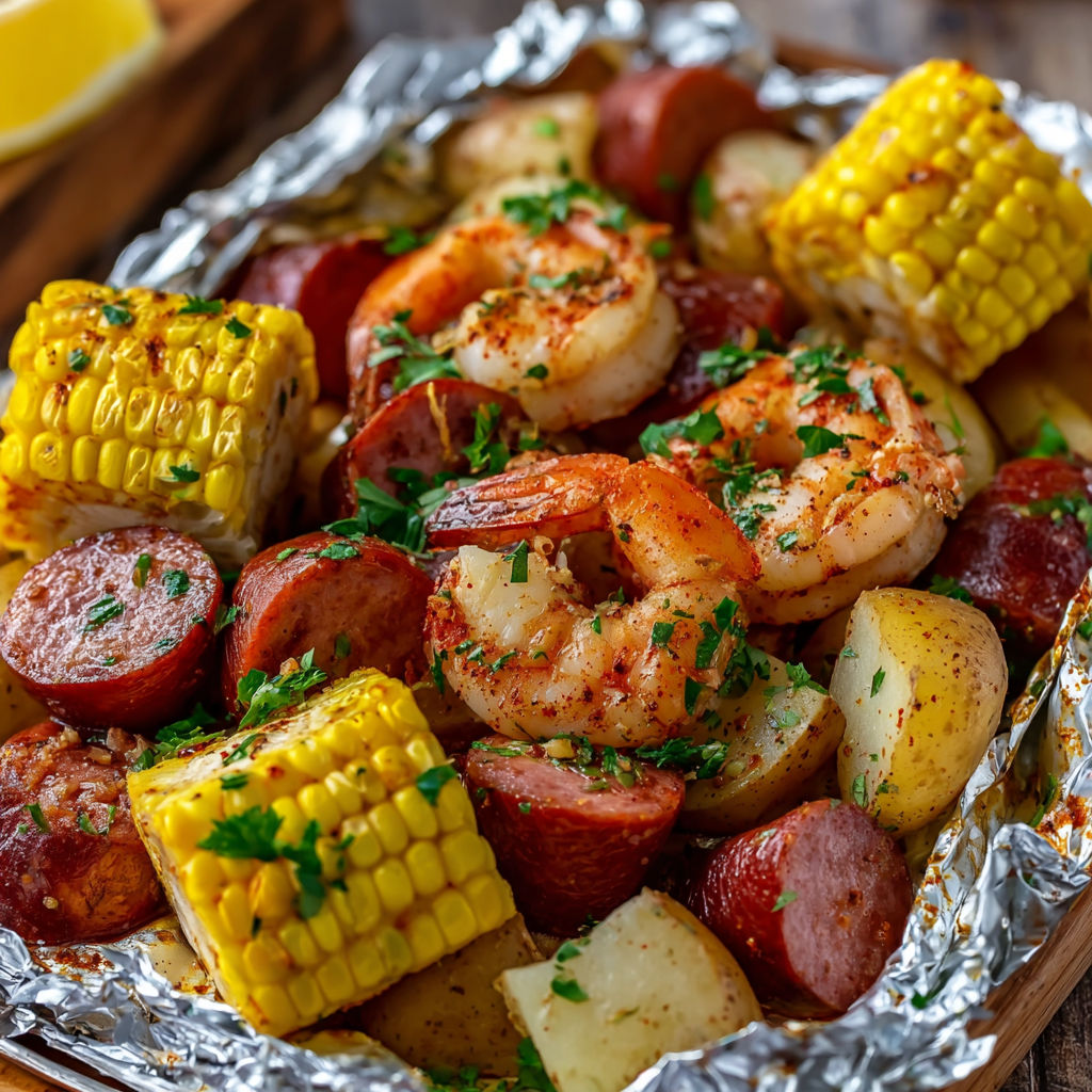 A delicious shrimp, corn, potatoes, and smoked sausage dish is presented in a tin foil bowl.