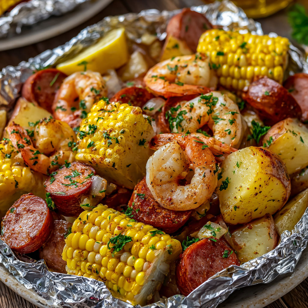 A delicious shrimp, corn, potatoes, and smoked sausage dish is presented on a plate.