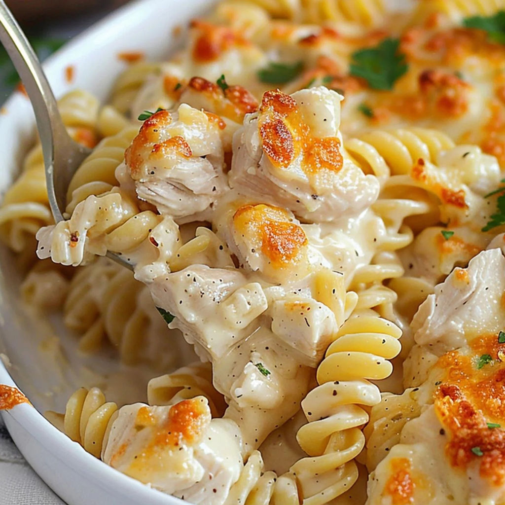 A delicious Garlic Parmesan Chicken Pasta Bake is served in a white bowl.