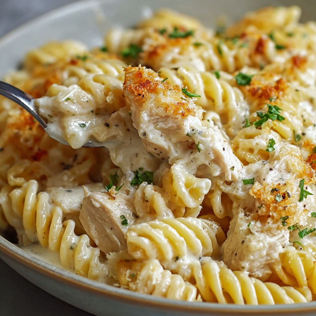 A bowl of pasta with chicken and cheese, possibly a chicken Alfredo dish.