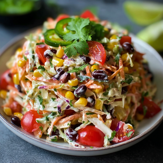 A large salad with a variety of vegetables, including tomatoes, corn, and cucumbers, is served on a plate.