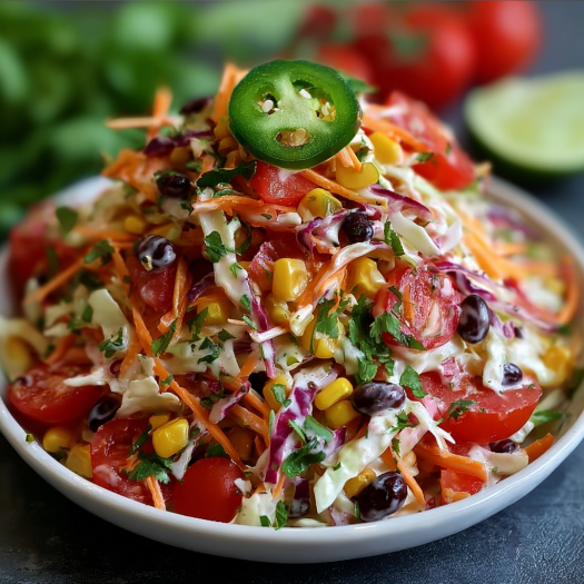 A white bowl filled with a salad containing tomatoes, corn, and jalapenos.