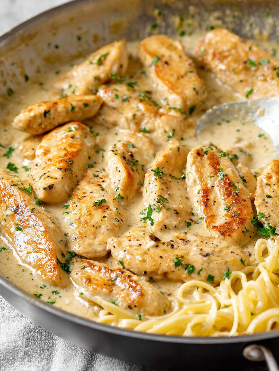 A delicious Chicken Lazone dish, featuring chicken pieces in a creamy sauce, served with pasta.