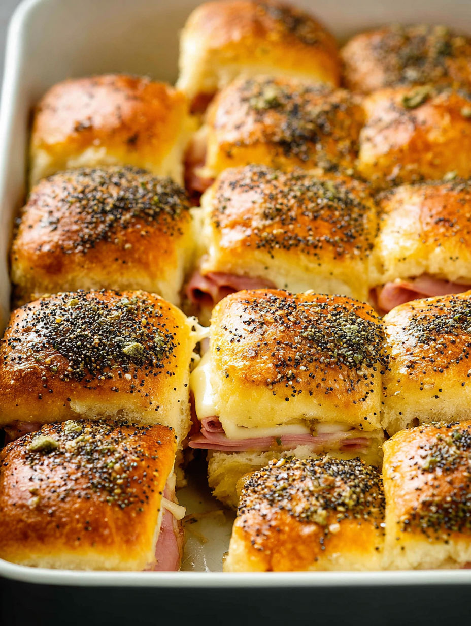 A tray of ham and cheese sliders, ready to be served.