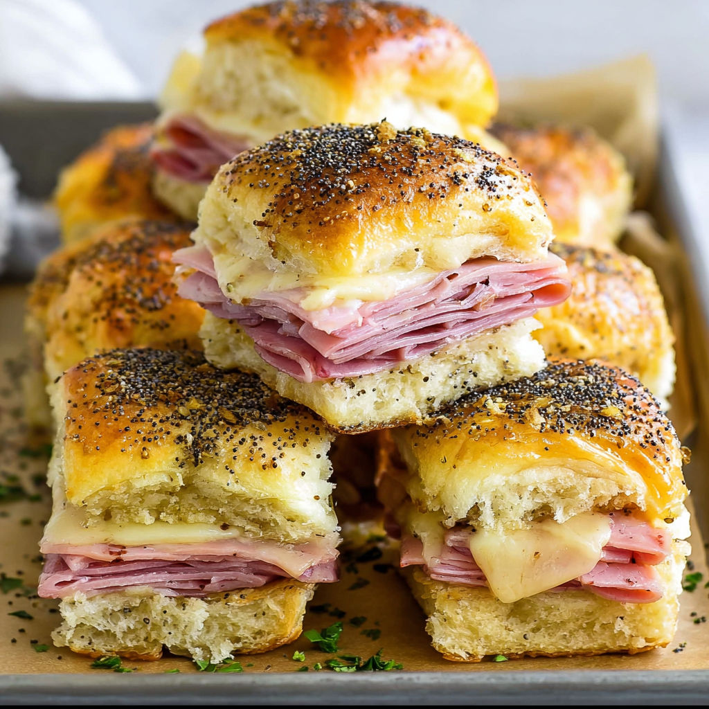 A tray of ham and cheese sliders, ready to be served.