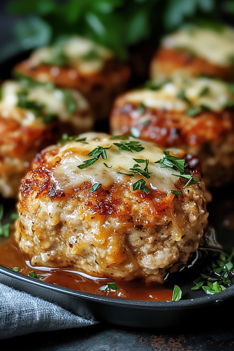 A plate of meatballs covered in cheese and gravy, ready to be cooked.