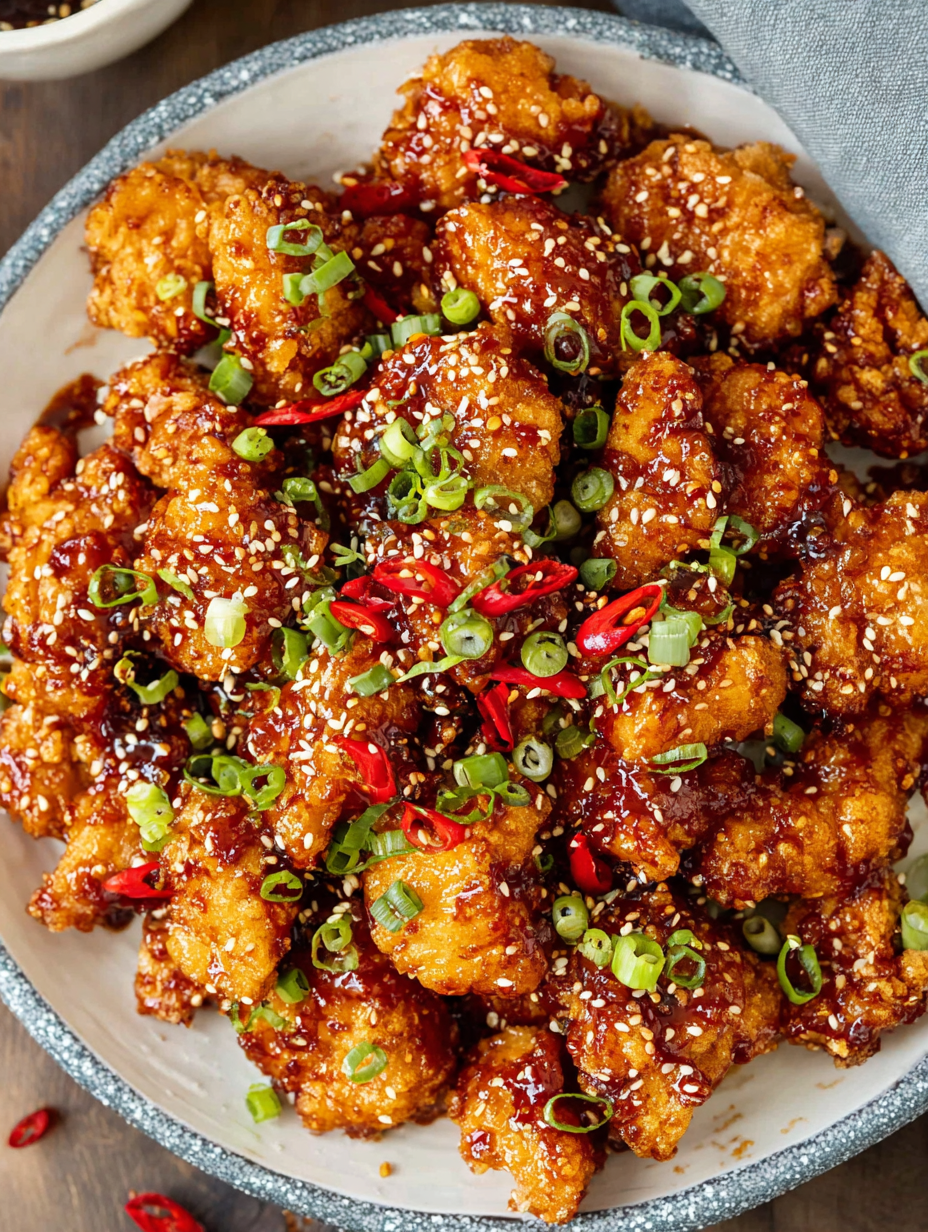 A plate of Korean Fried Chicken with a variety of vegetables and sauces.
