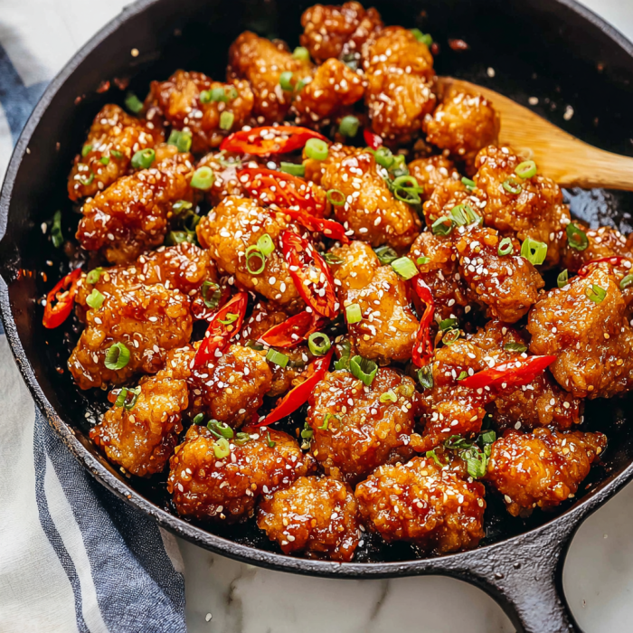 A delicious and appetizing dish of Korean Fried Chicken is served in a black pan.