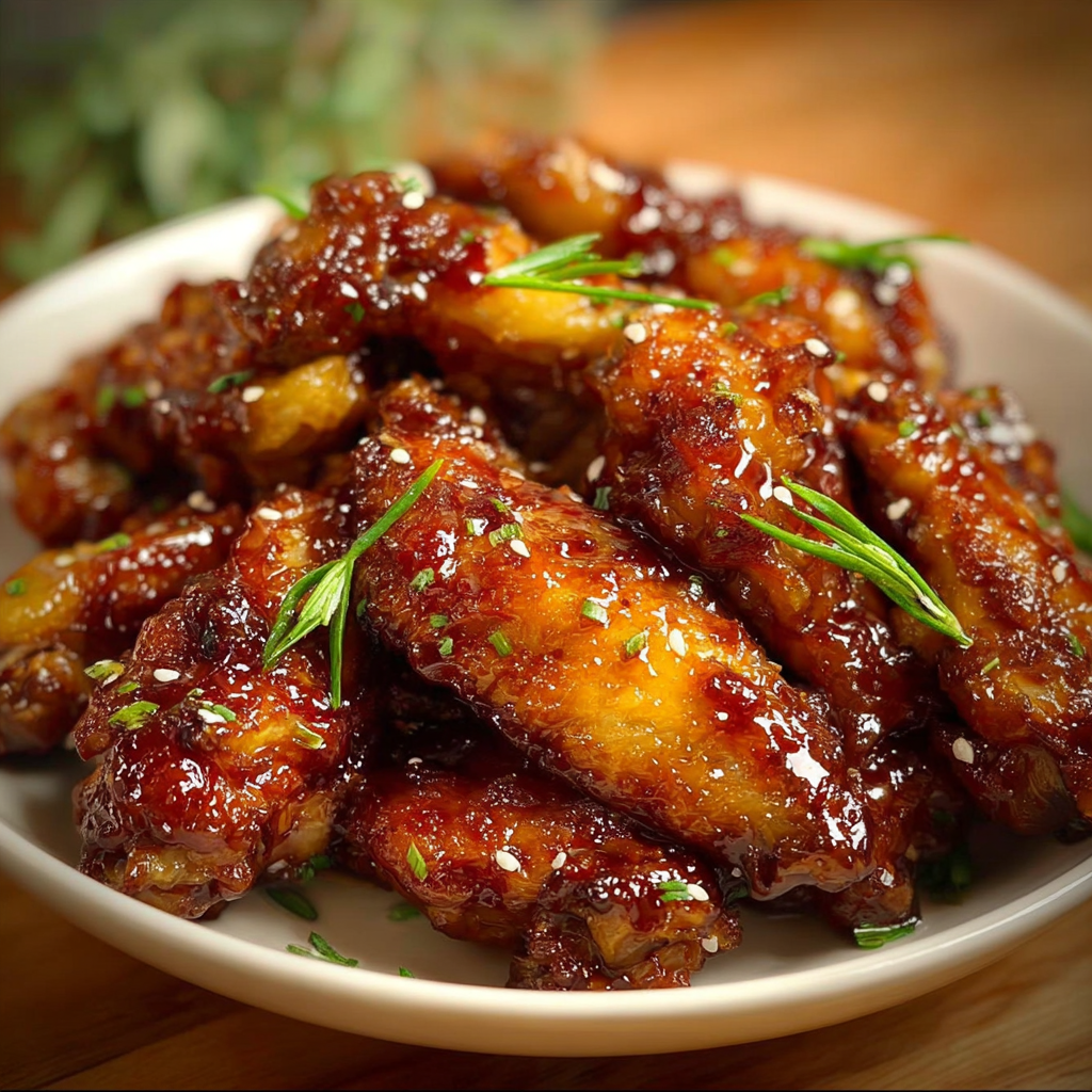 A plate of barbecue chicken wings with a sauce drizzled over them.