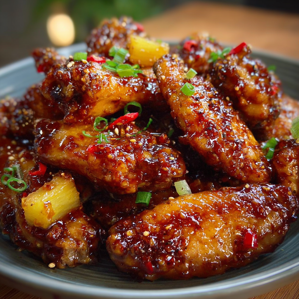 A plate of chicken wings covered in a sweet and spicy sauce.
