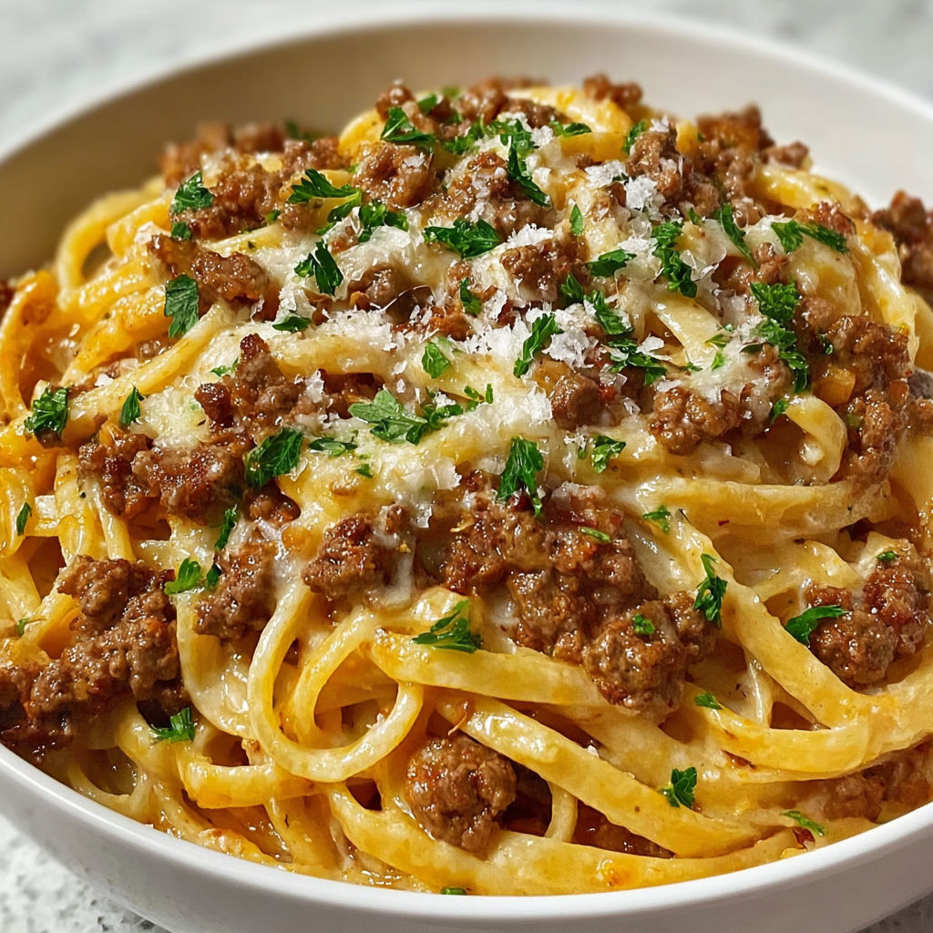 A bowl of pasta with ground beef and Parmesan cheese.