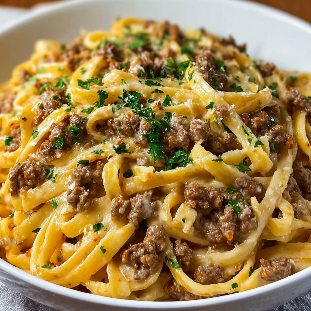 A bowl of pasta with meat and cheese, served in a creamy Parmesan sauce.
