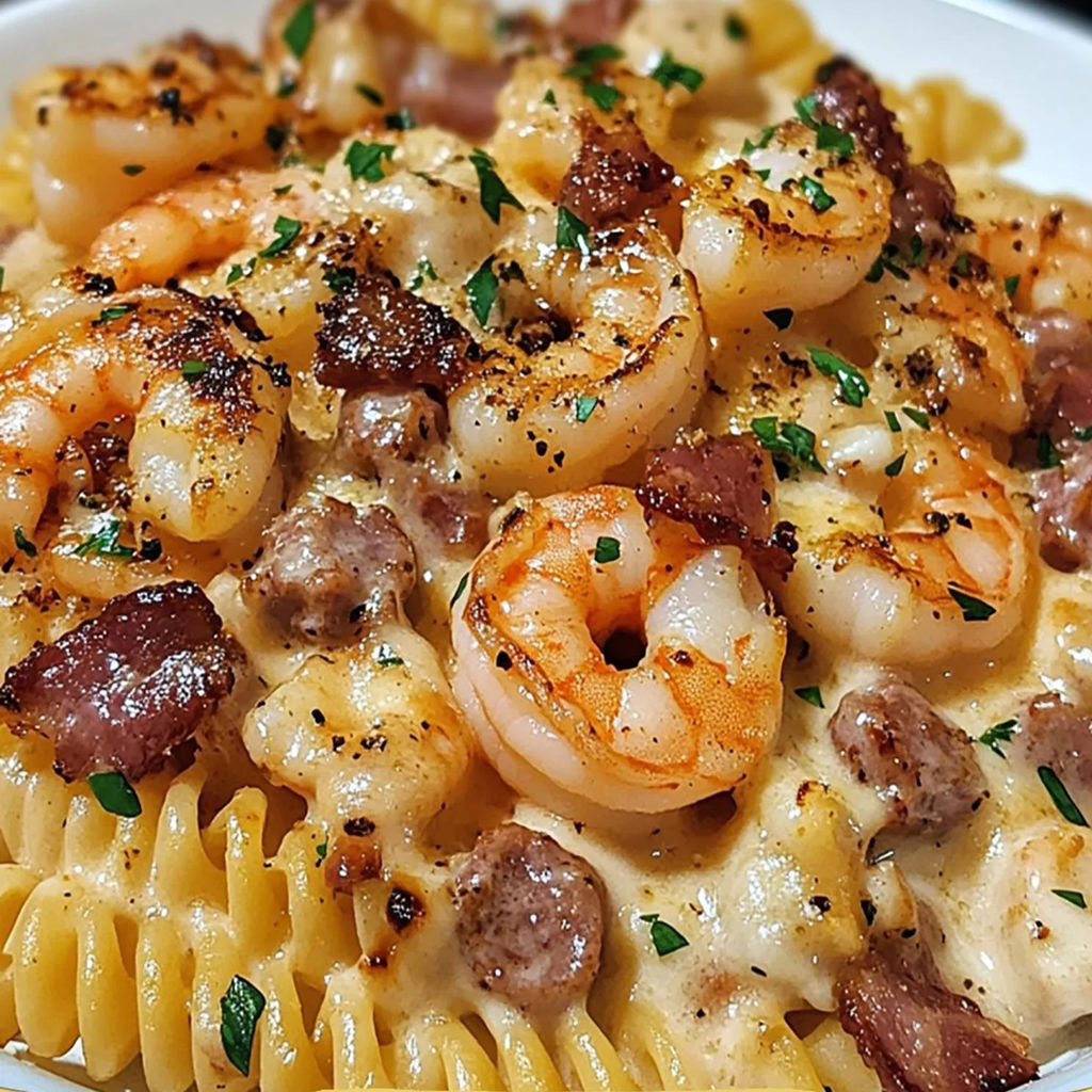 A delicious meal of shrimp, sausage, and bacon pasta with cheese.
