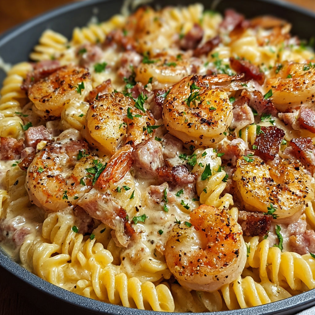A delicious pasta dish with shrimp and bacon, topped with cheese and herbs.