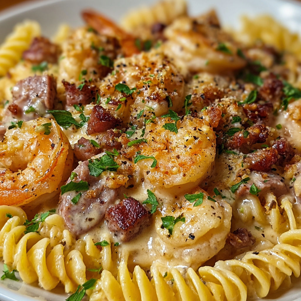 A bowl of pasta with shrimp and bacon, topped with a creamy sauce.