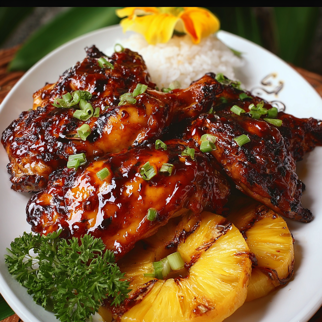 A plate of delicious Huli Huli Chicken with pineapple and rice.