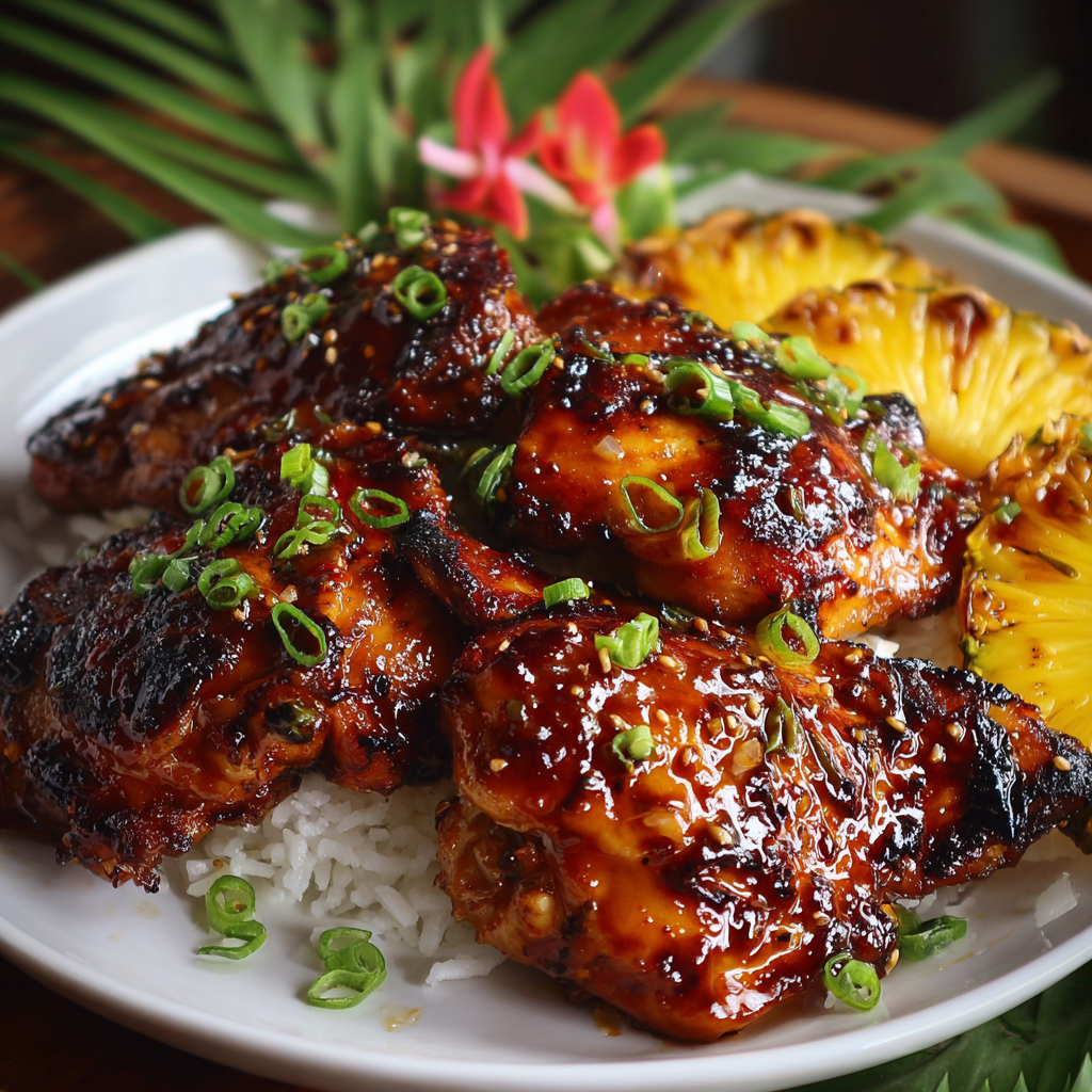 A plate of chicken with a pineapple wedge and a flower on top.