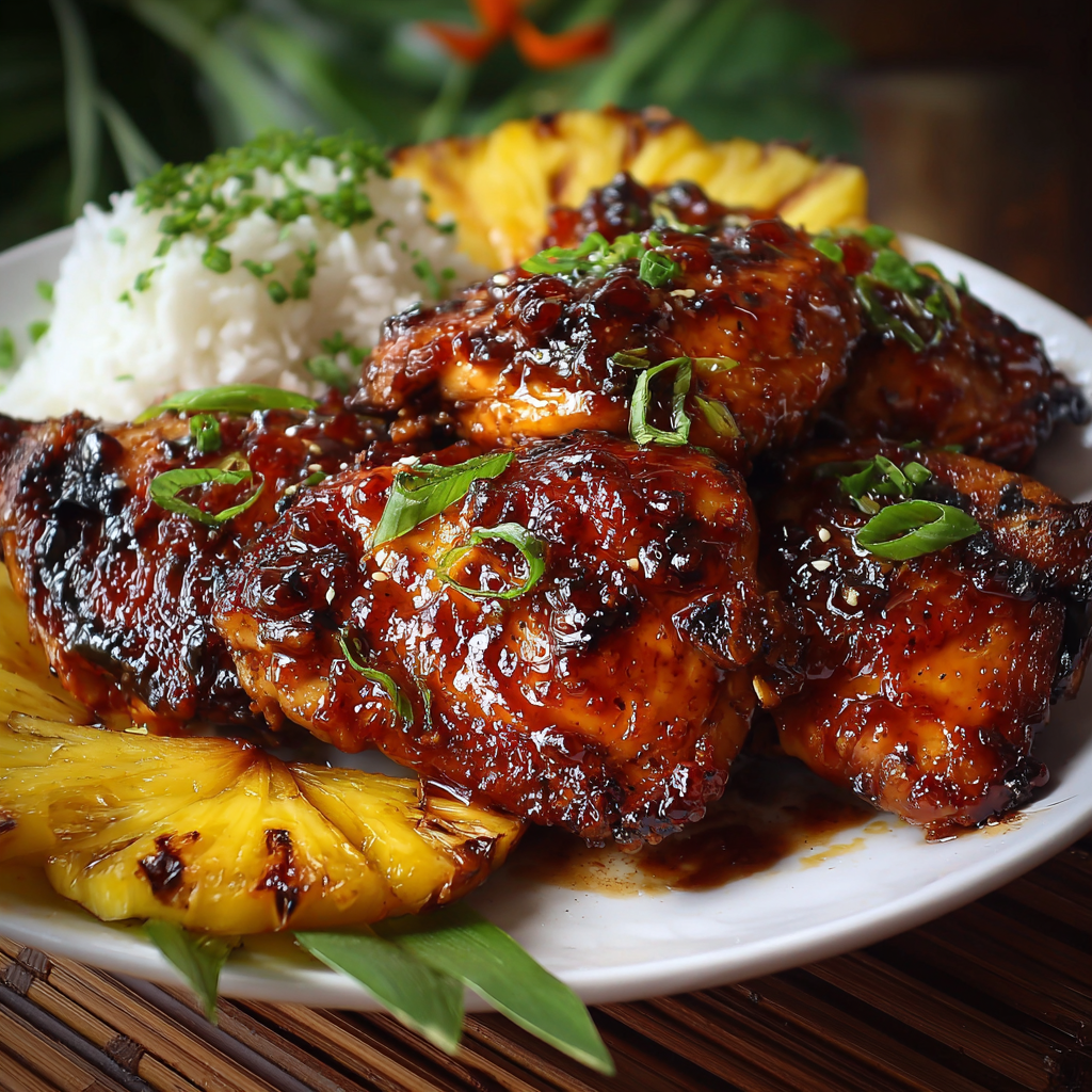 A plate of chicken with a pineapple garnish and a side of rice.