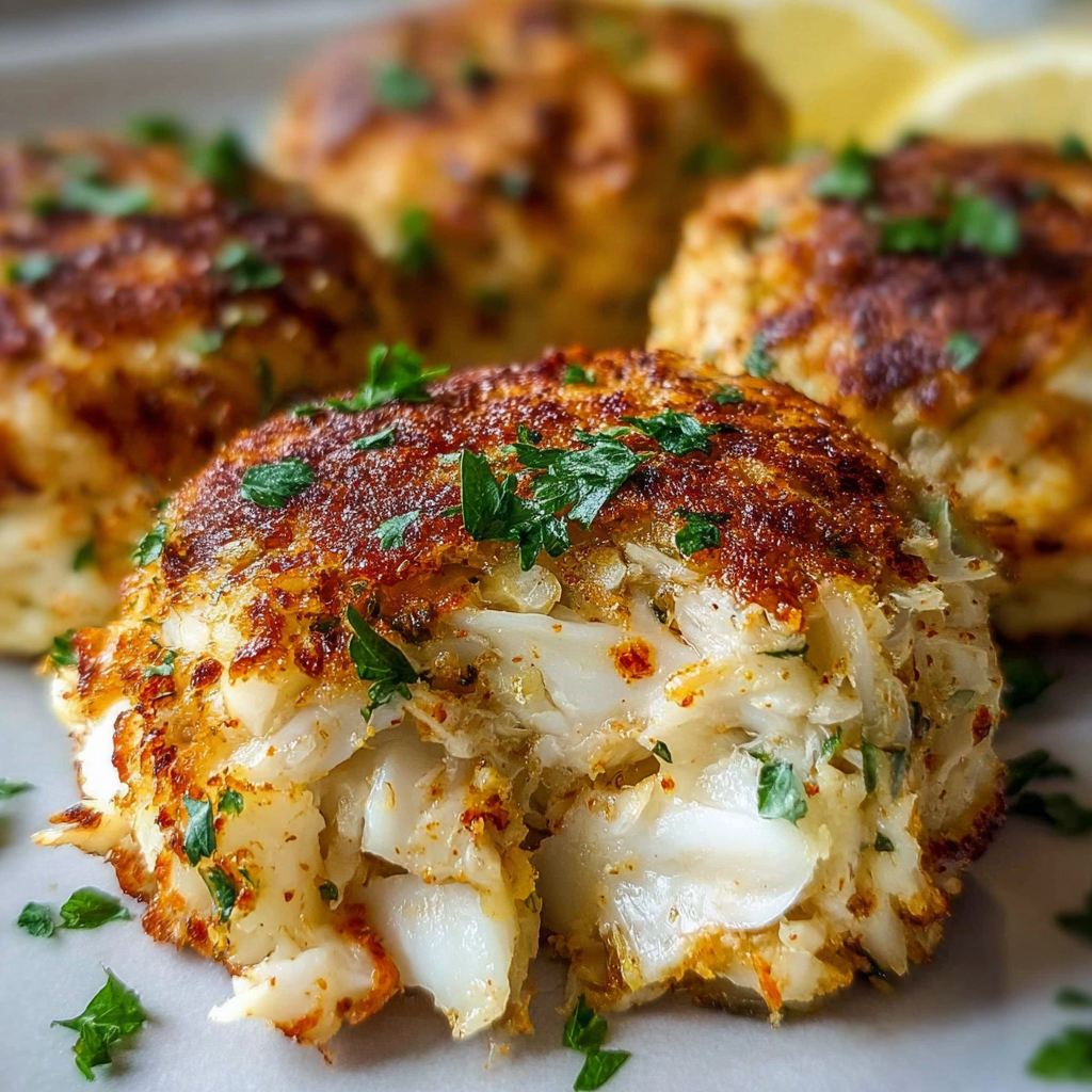 A plate of crab cakes with lemon wedges on the side.