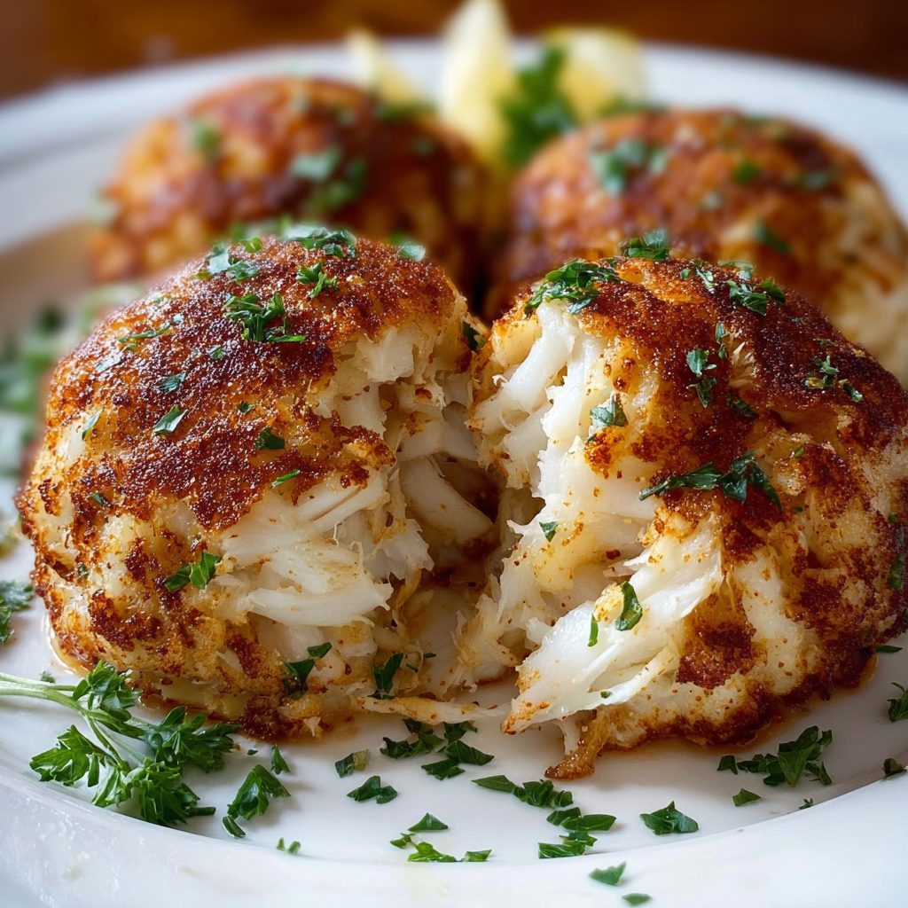 A plate of crab cakes with herbs on top.