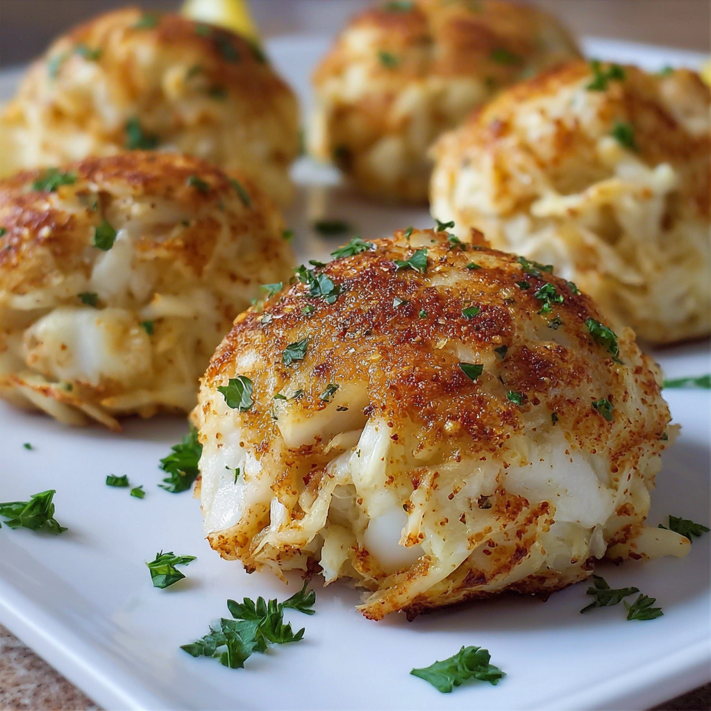 A plate of crab cakes with a lemon wedge on top.