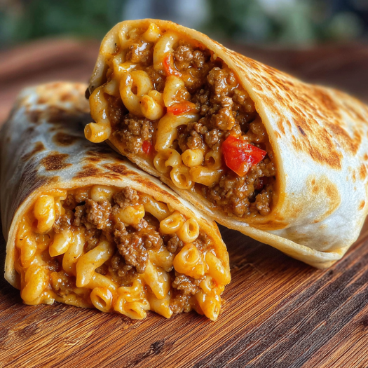 A delicious Sloppy Joe Mac and Cheese Wrap is served on a wooden table.