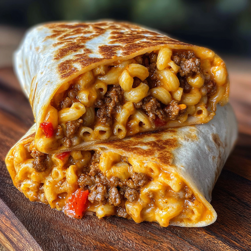 A delicious meal of macaroni and beef is served in a tortilla wrap.