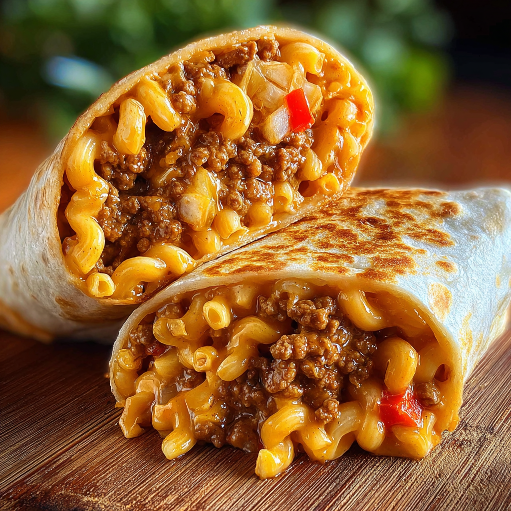 A delicious meal of macaroni and beef is served in a tortilla wrap.