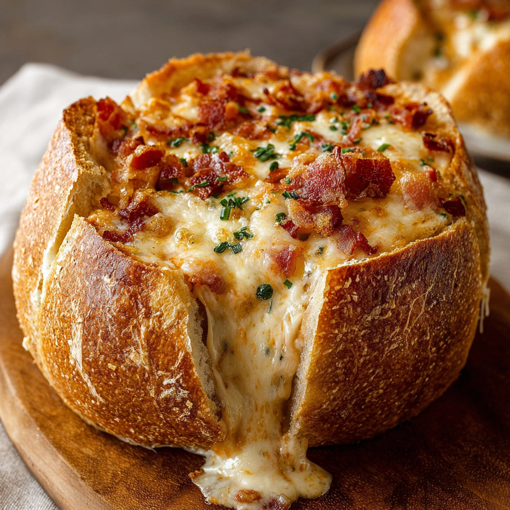 A cheesy bacon baked bread is displayed on a wooden table.