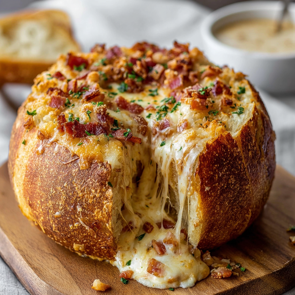 A delicious bacon and cheese bread is served with a bowl of soup.