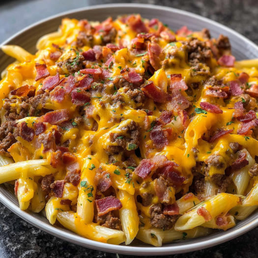 A bowl of pasta with cheese and bacon on top.