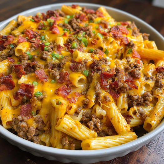 A bowl of pasta with meat and cheese on top.