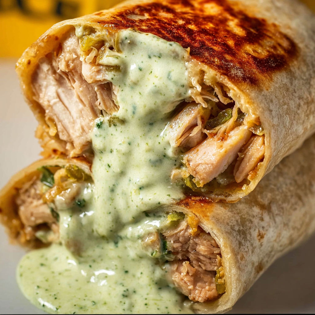A delicious smoked chicken and green chile burrito with a side of ranch dressing.