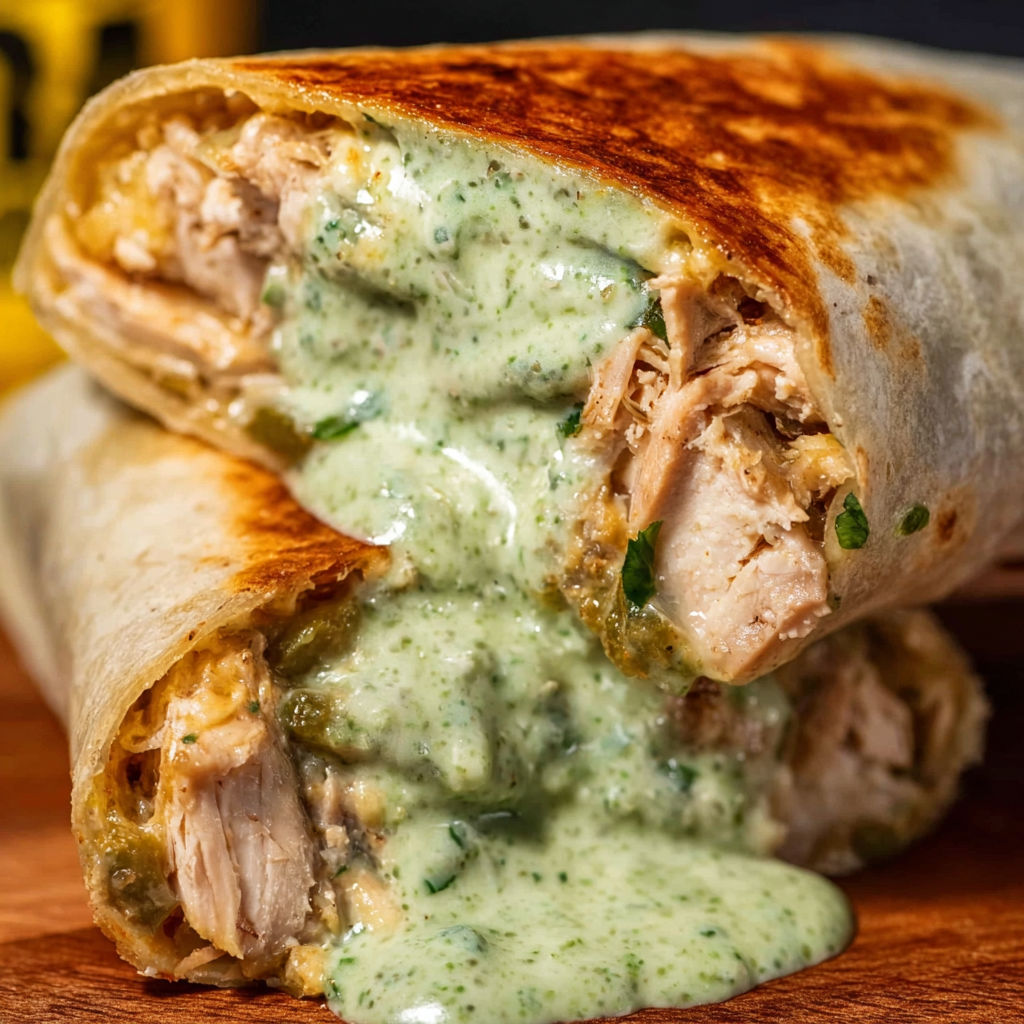 A delicious smoked chicken and green chile burrito with a side of ranch dressing.