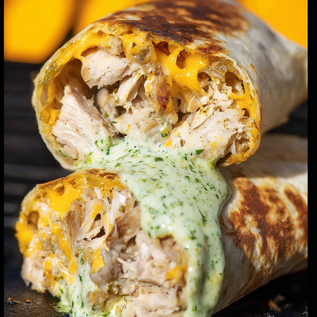 A delicious smoked chicken and green chile burrito with a side of ranch dressing.